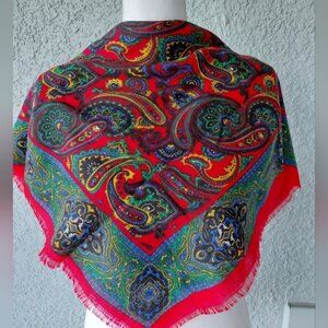 Vintage Paisley Wool Scarf Red Multicolor Boho Square 30” Lightweight Fringe